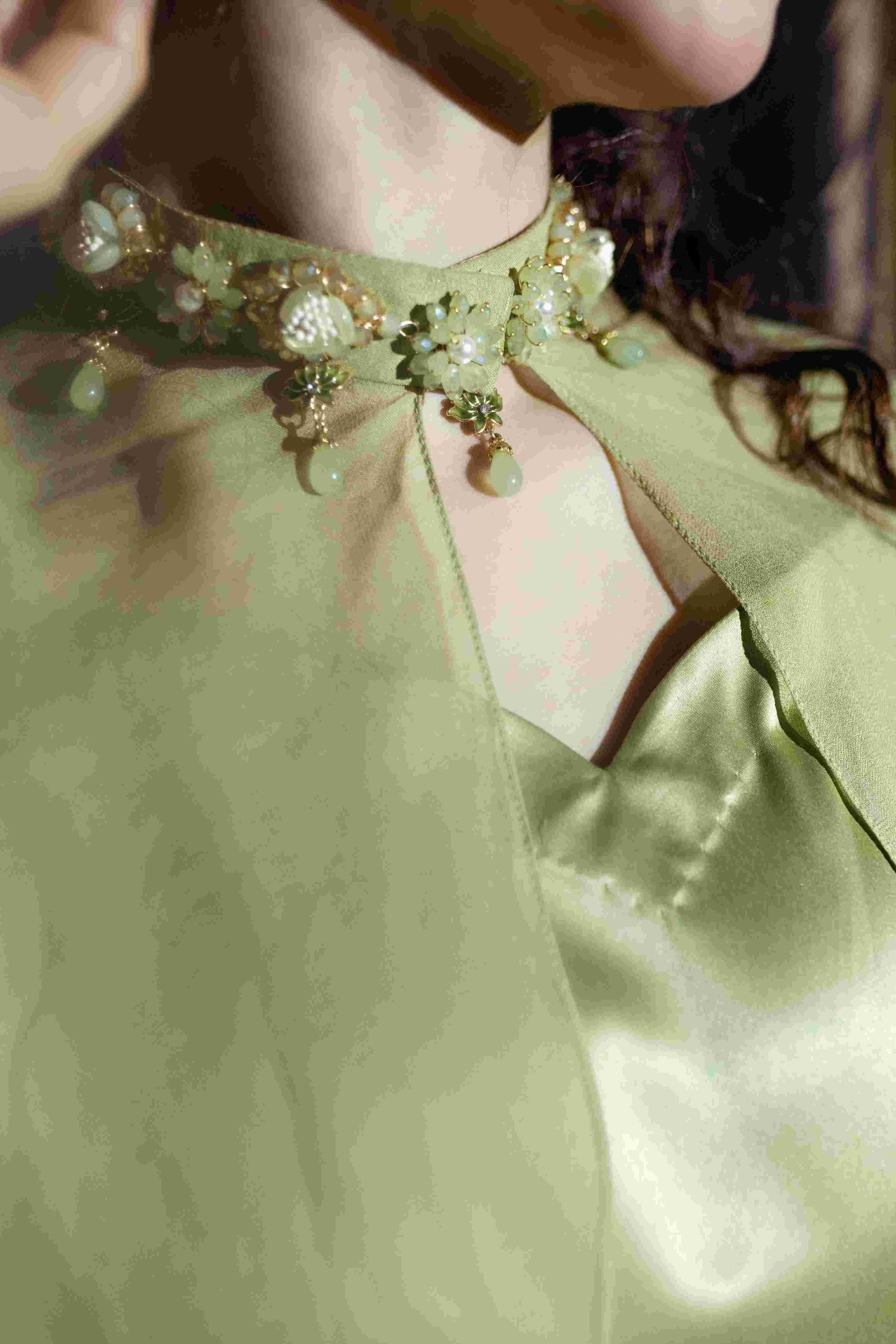 Close-up of a person wearing a green dress with floral embroidery on the neckline.